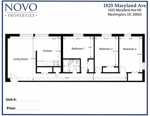 Floor plan for 3 beds, 1 bath, 1150 sqft